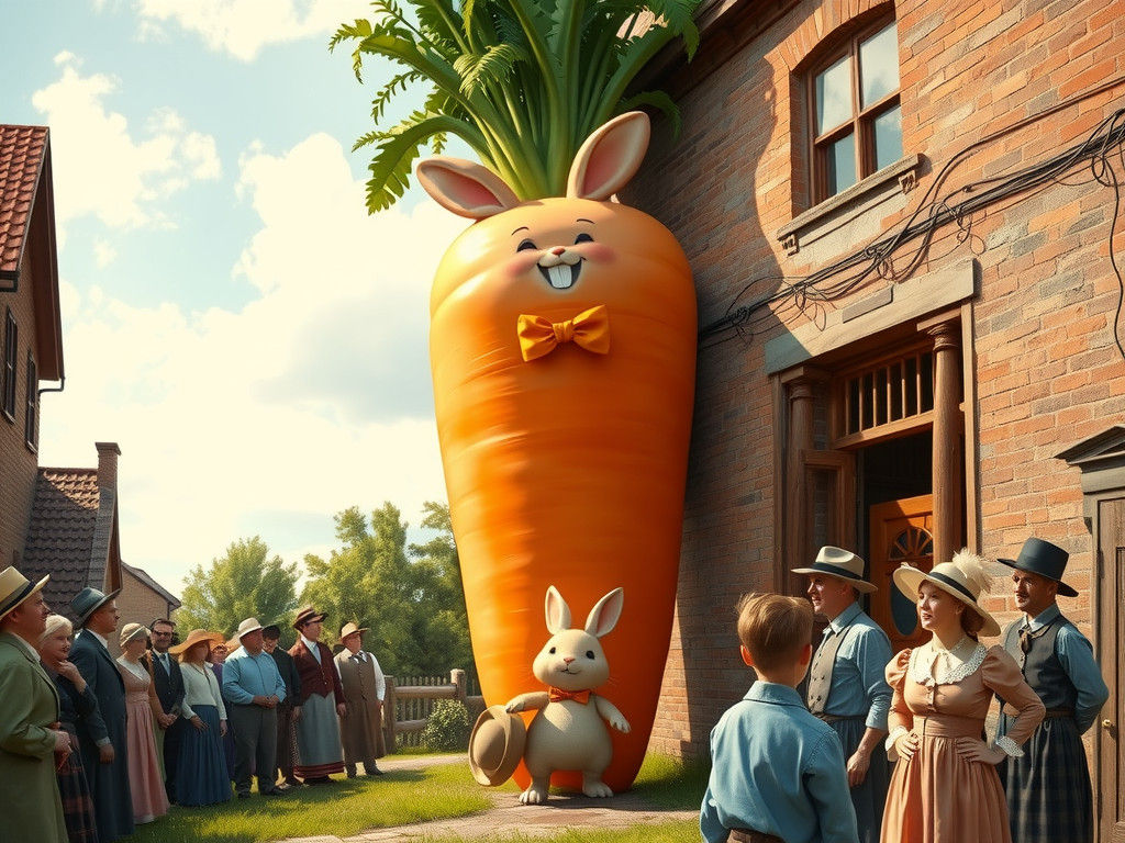 Enormous Carrot and Joyful Rabbit in Vintage Illustration