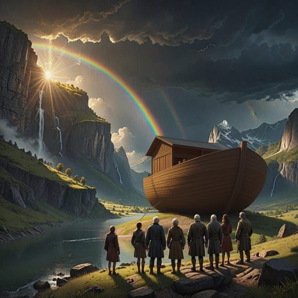 Ark Rests on Mountain After Storm, Rainbow Appears