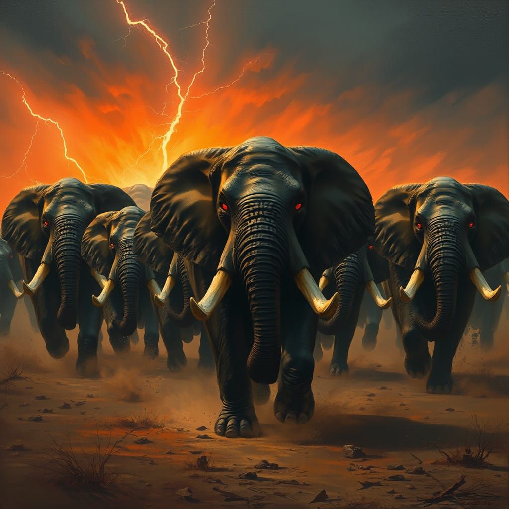 Furious Elephant Stampede in Stormy Savanna