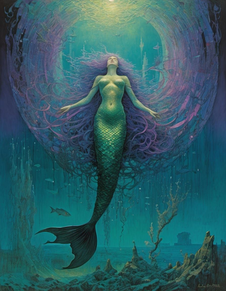Mysterious Mermaid Queen in Deep, Rich Colors