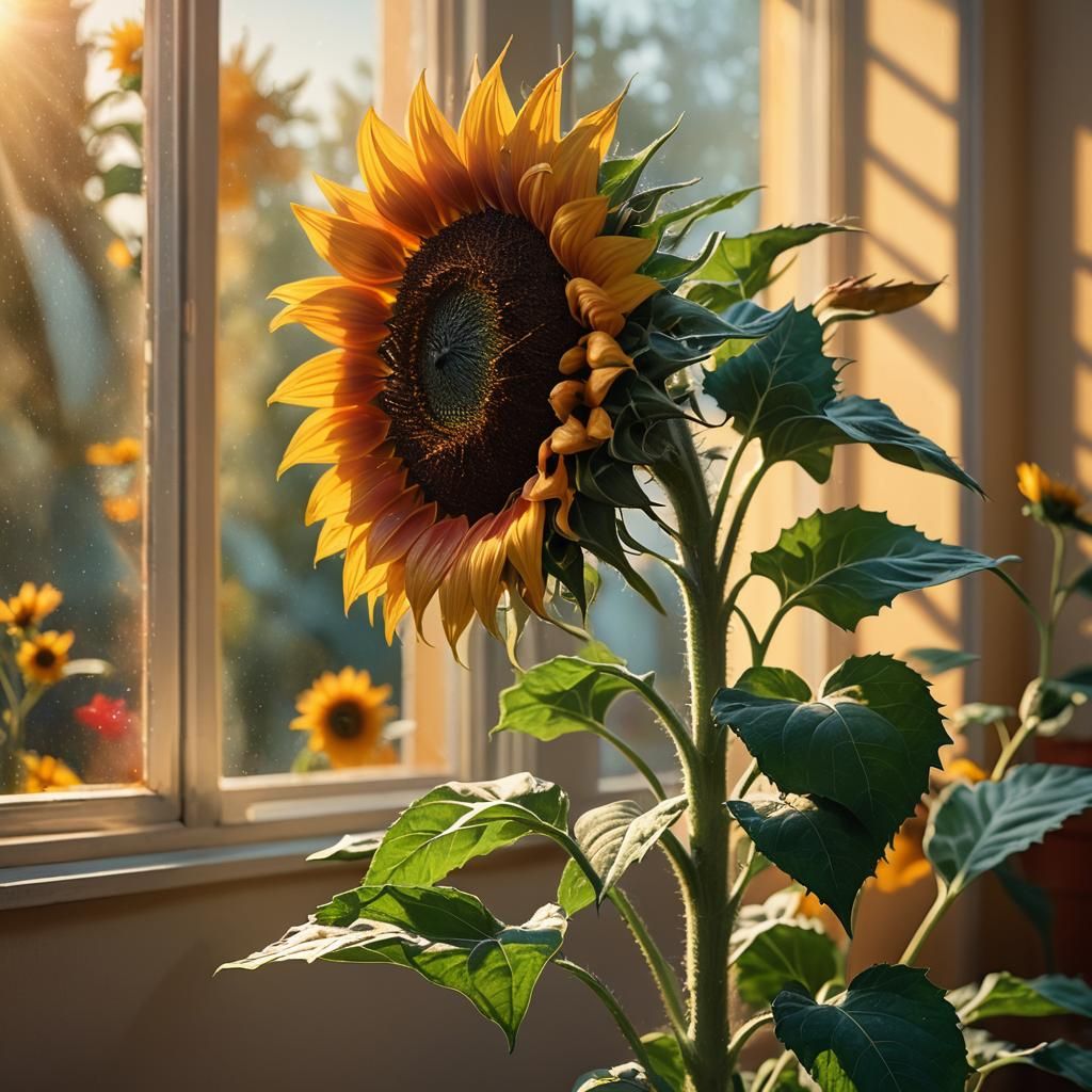Radiant Sunflower on Windowsill: Photorealistic Concept Art