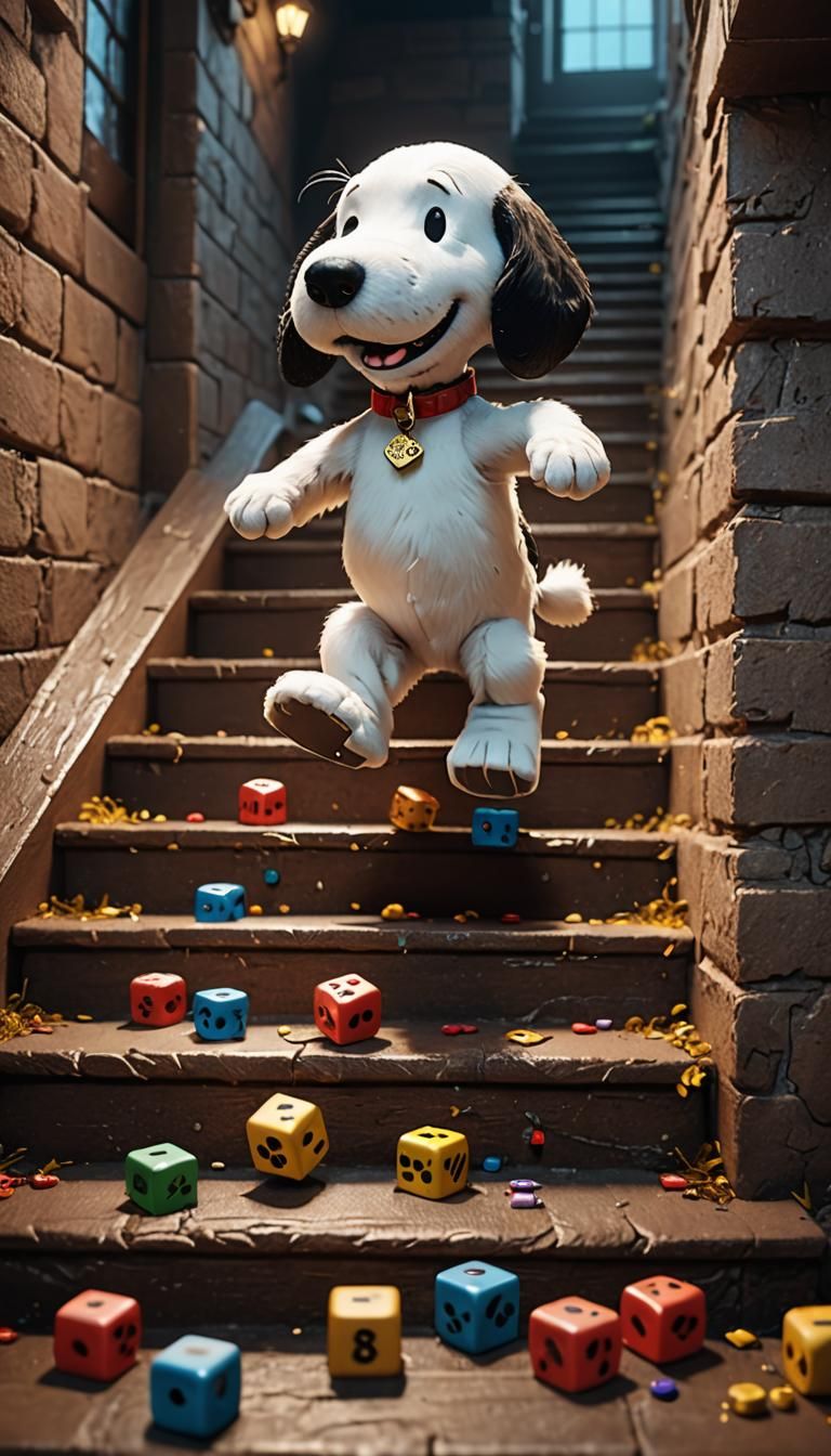 Snoopy running down a dicey staircase!