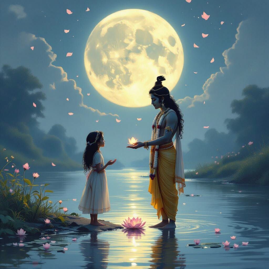 Krishna and Girl on Moonlit Riverbank in Dreamy Realism