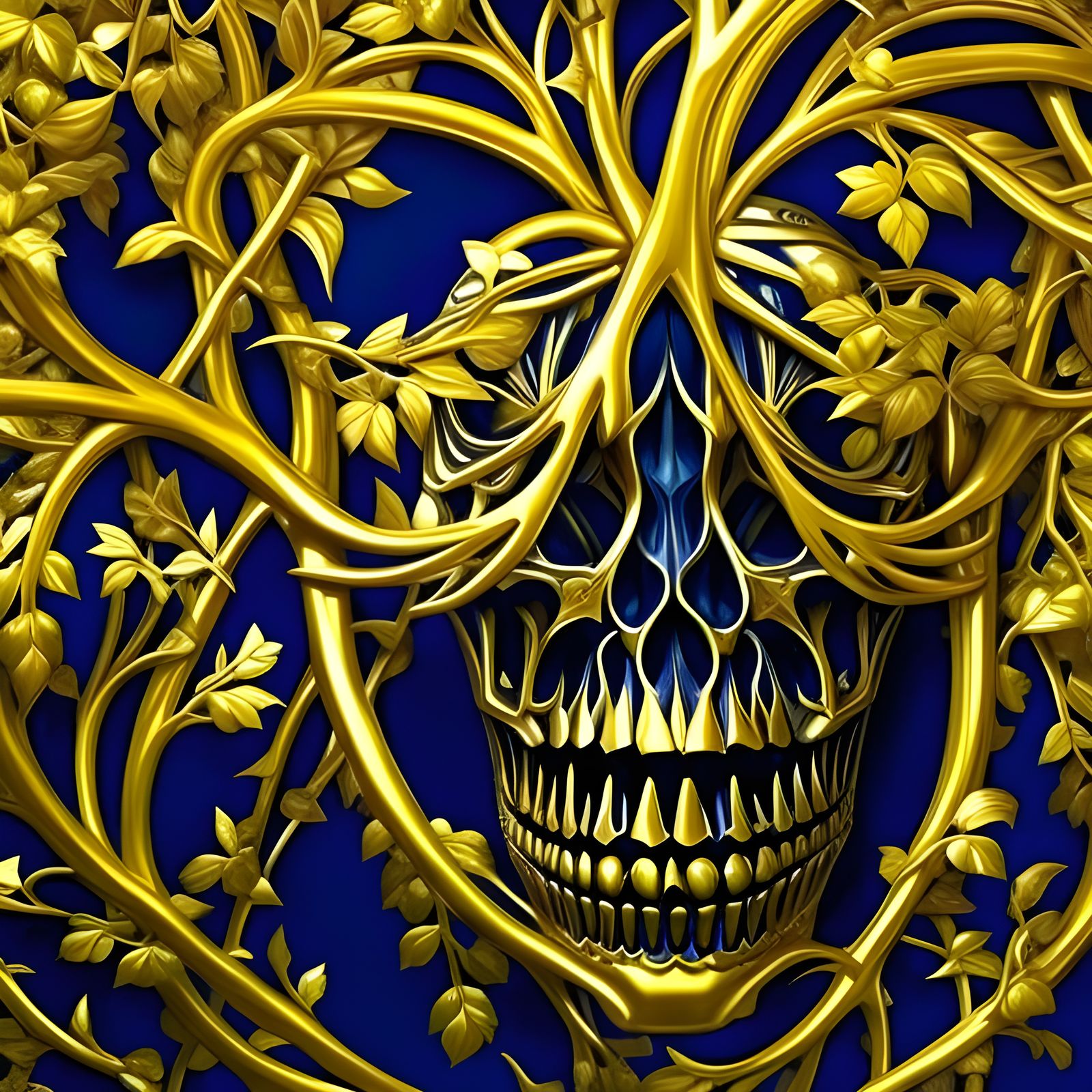 Golden Skull with Vines in Hyperrealistic Detail