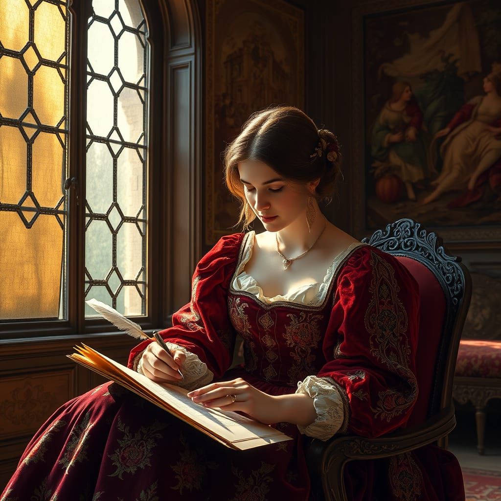 Renaissance Woman Writing in Medieval Castle