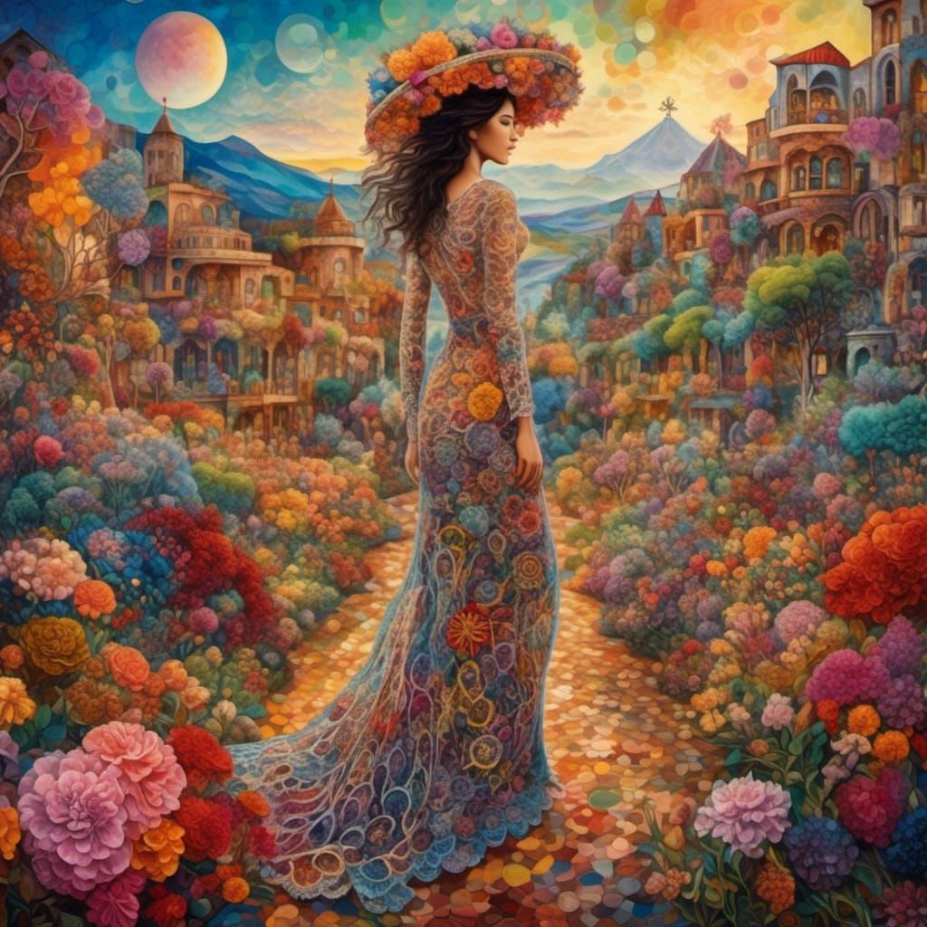 Mexican Woman in Blooming Fractal Garden