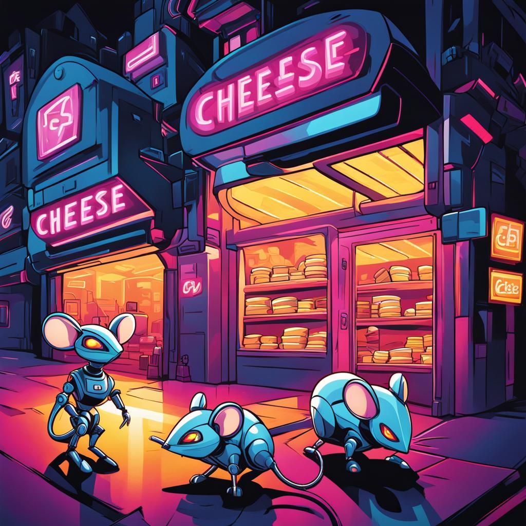 Cyberpunk Robot Mice Visit Futuristic Cheese Shop