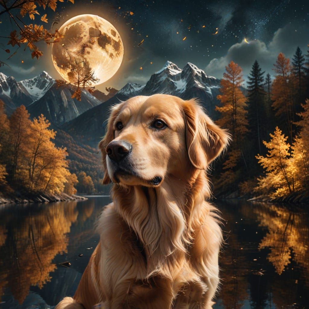 Golden Retriever in Autumnal Landscape with Golden Moon