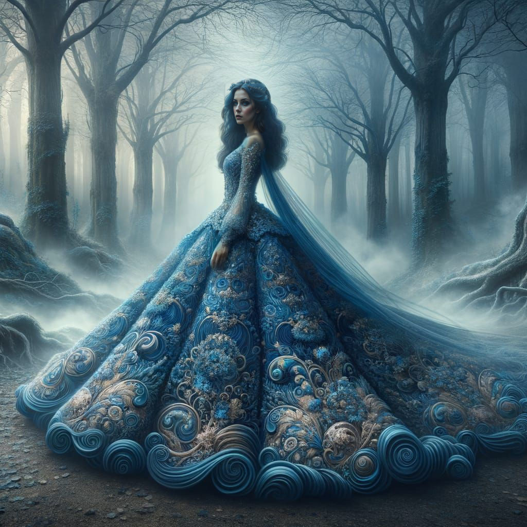 Mystical Forest Empress in Blue Dress: Digital Fairytale Art