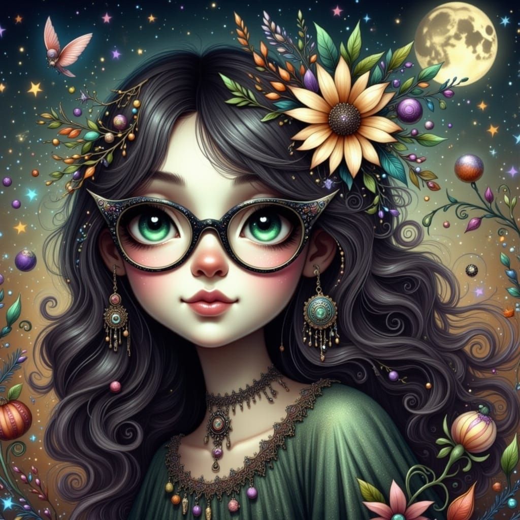 Whimsical Goth Hippie Witch Girl Portrait