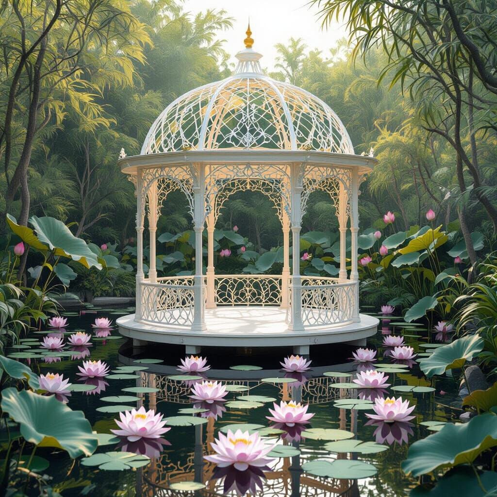 Gazebo in Lotus Pond with Pearlescent Metal and Gold