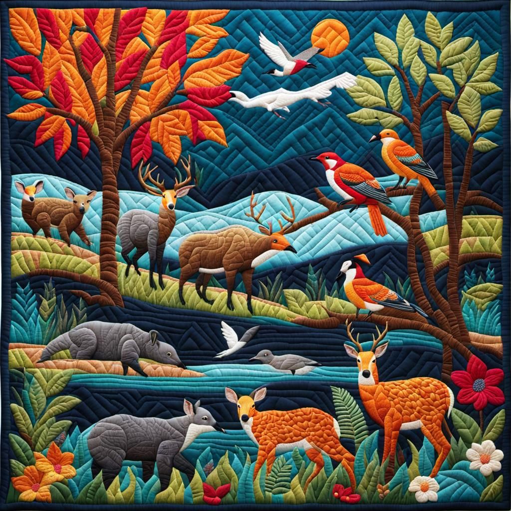Vibrant Quilted Wildlife Scene with Stitch Work