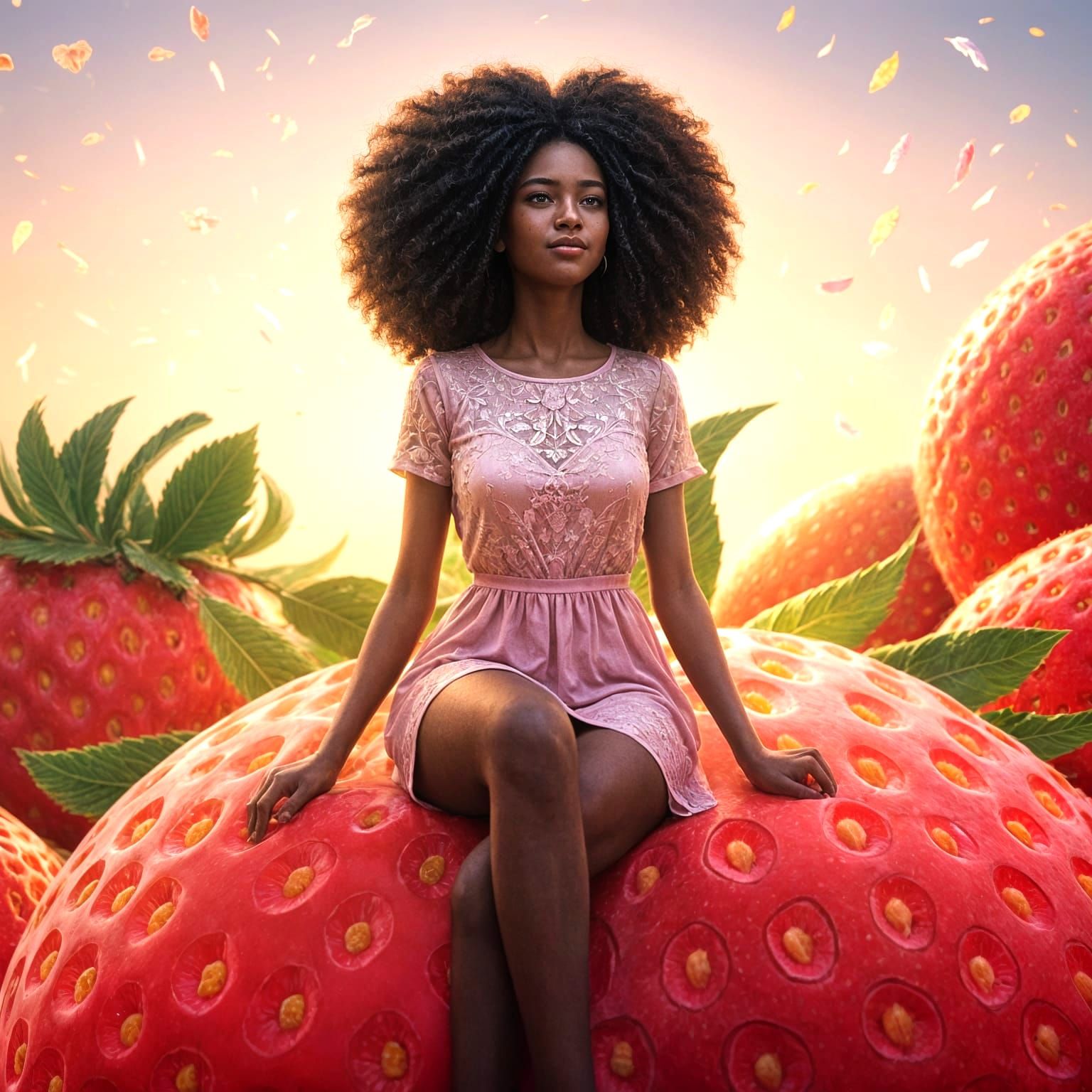 Woman on Strawberry: Dreamy Fantasy Macro Photography
