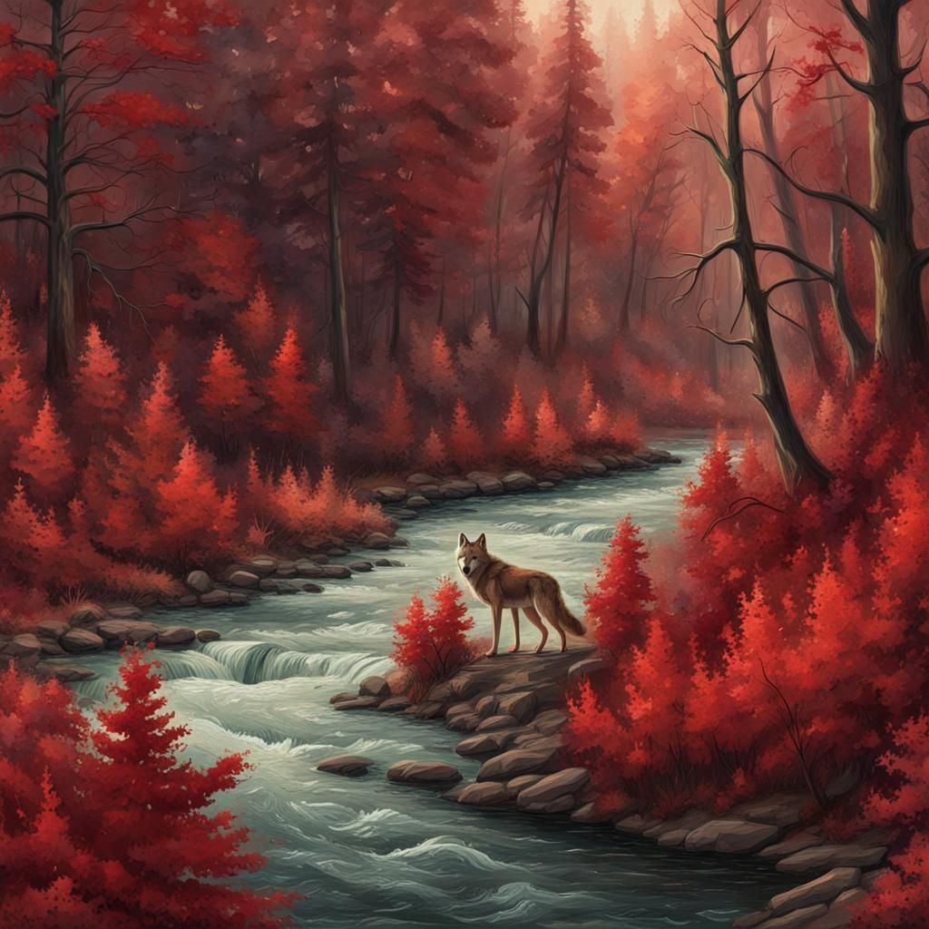 Red Wolf in Forest River Landscape Painting