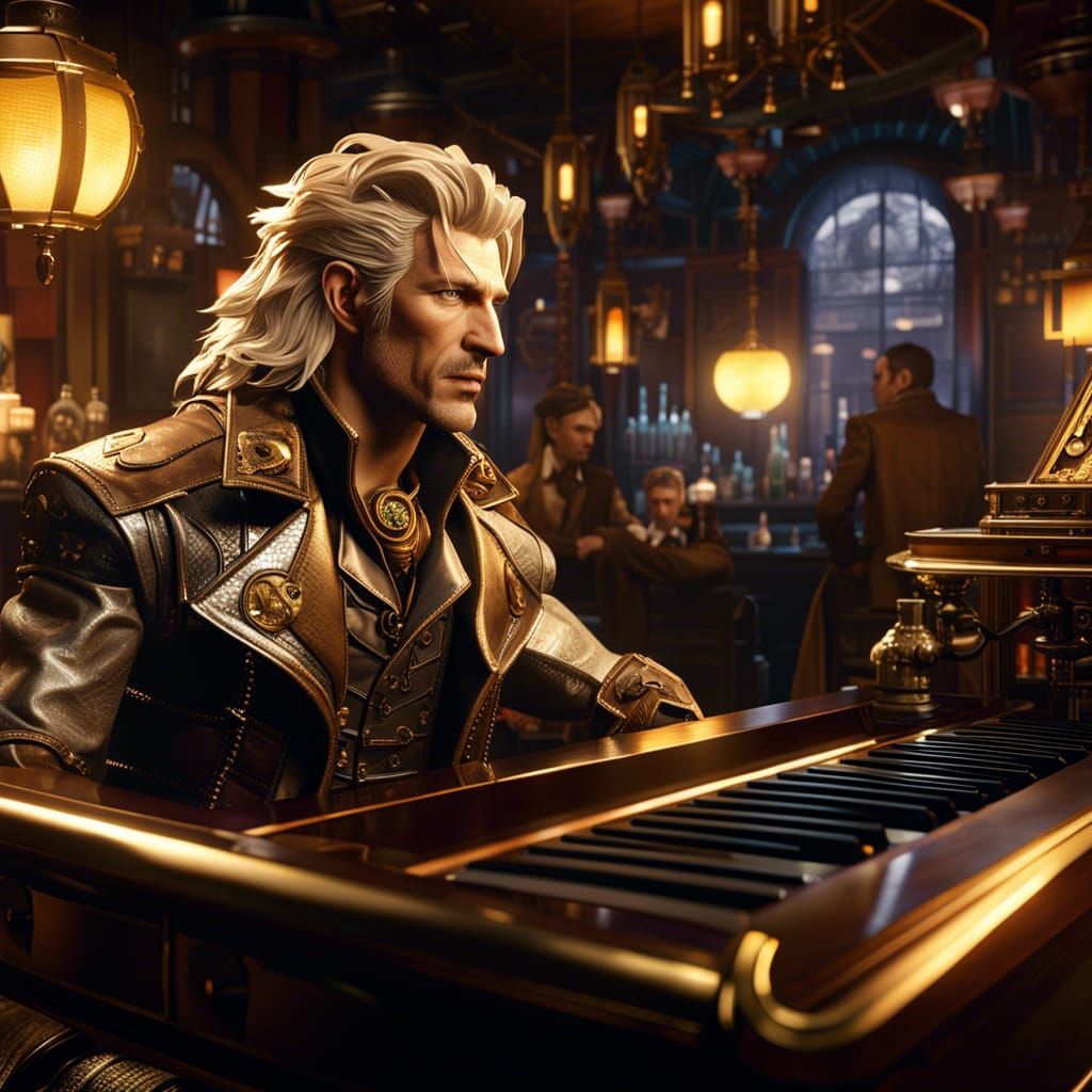 Liquid Snake is steampunk in bar playing piano