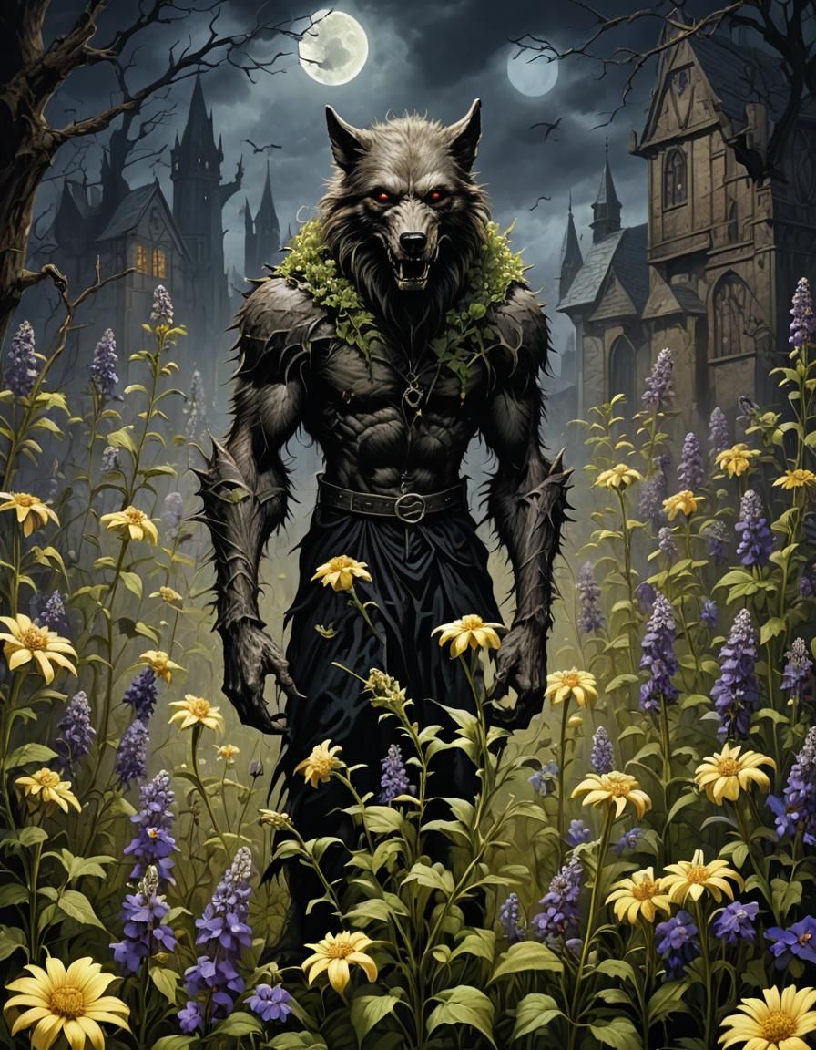 Gothic Wolfsbane Flowers and Werewolf in Horror Scene