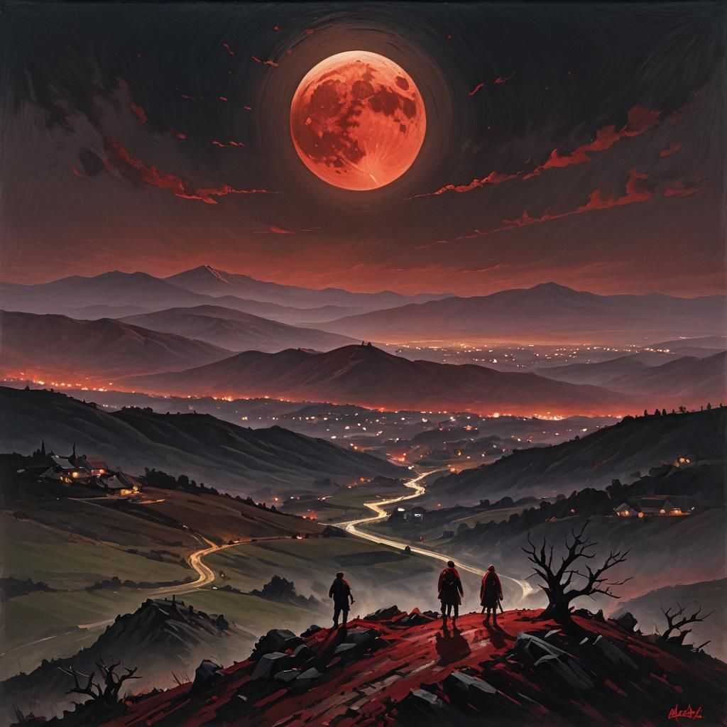 Sinister Blood Moon Rising Over Hill