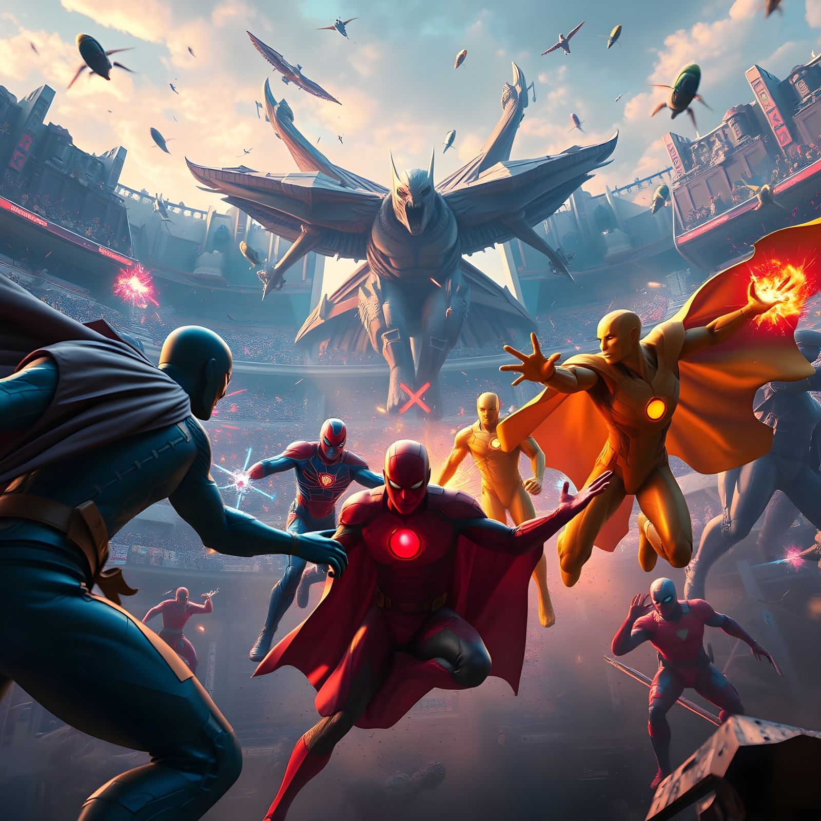 Superhero Team Brawl in Comic Book Style