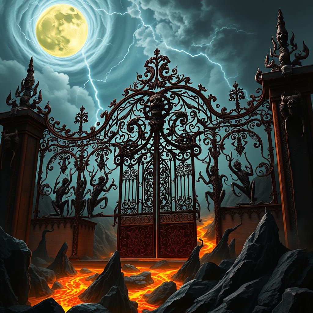 Macabre Gothic Gate of Twisted Iron and Demonic Figures