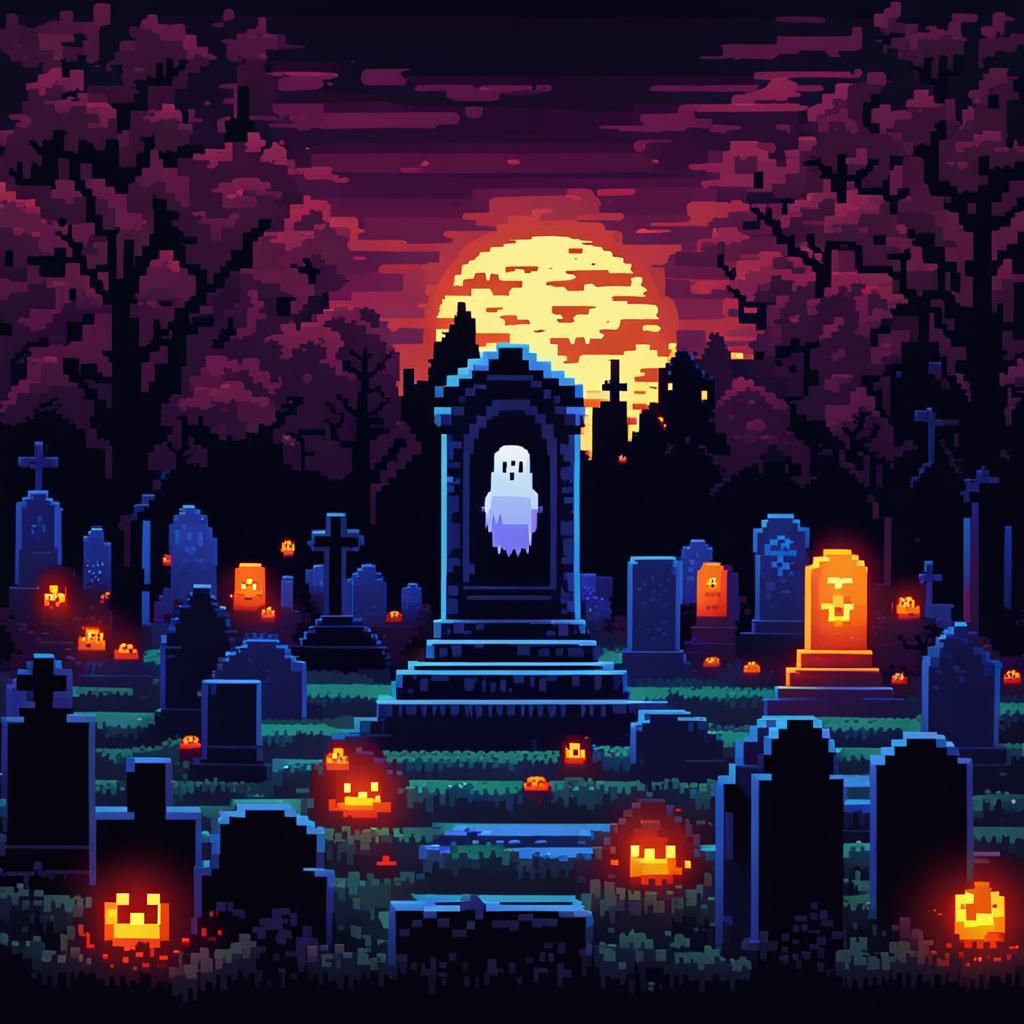 Eerie Pixel Art Ghost in Cemetery at Night