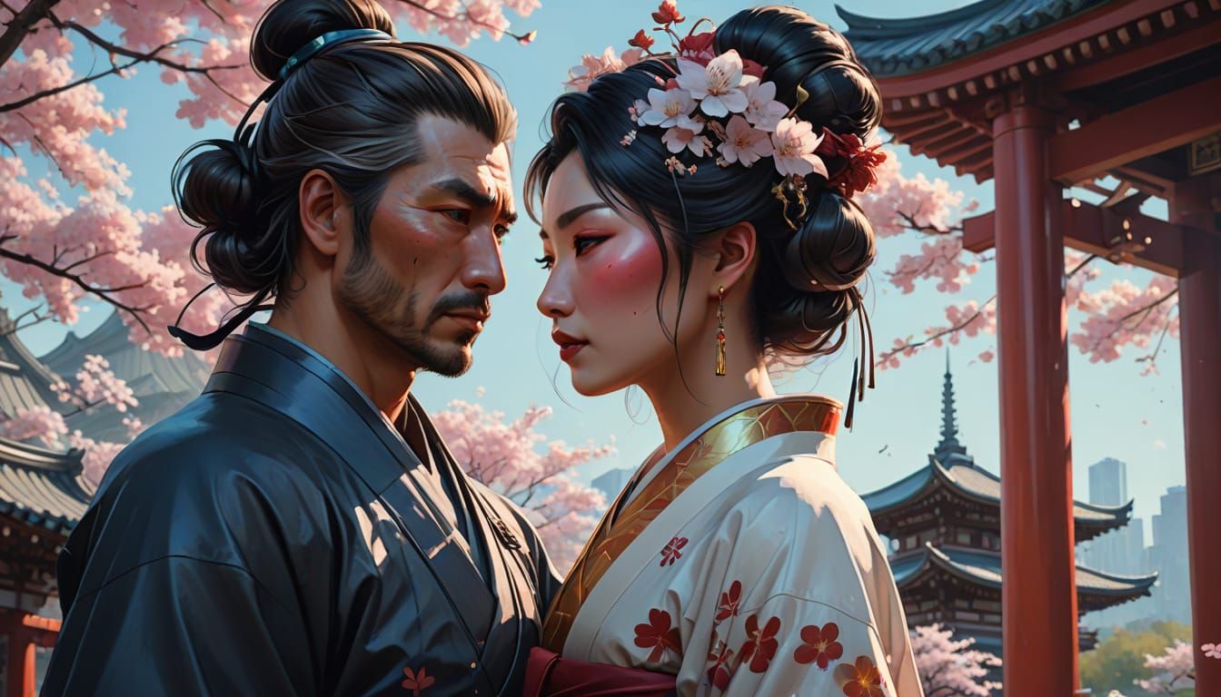 Samurai and Geisha Kiss in Shinkai-Inspired Watercolor