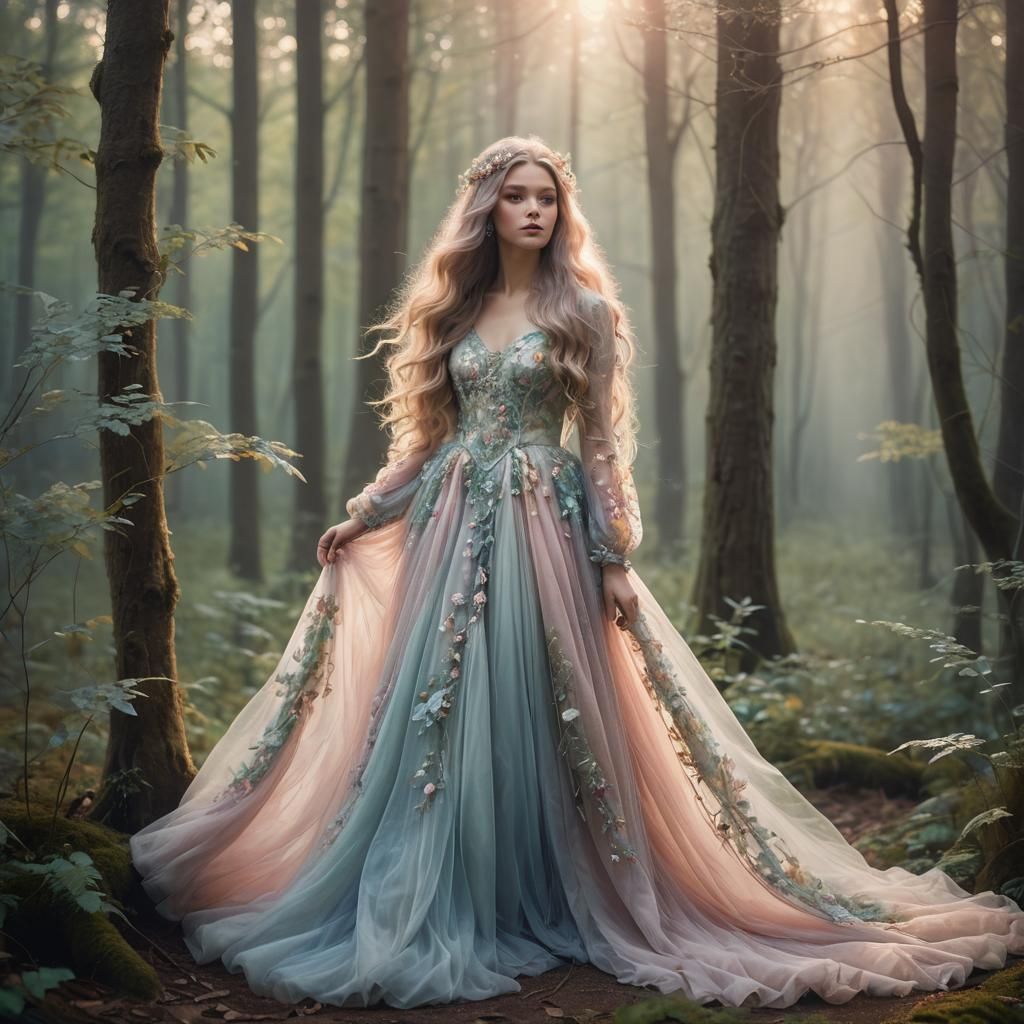 Pastel Gown Woman in Ethereal Forest Portrait