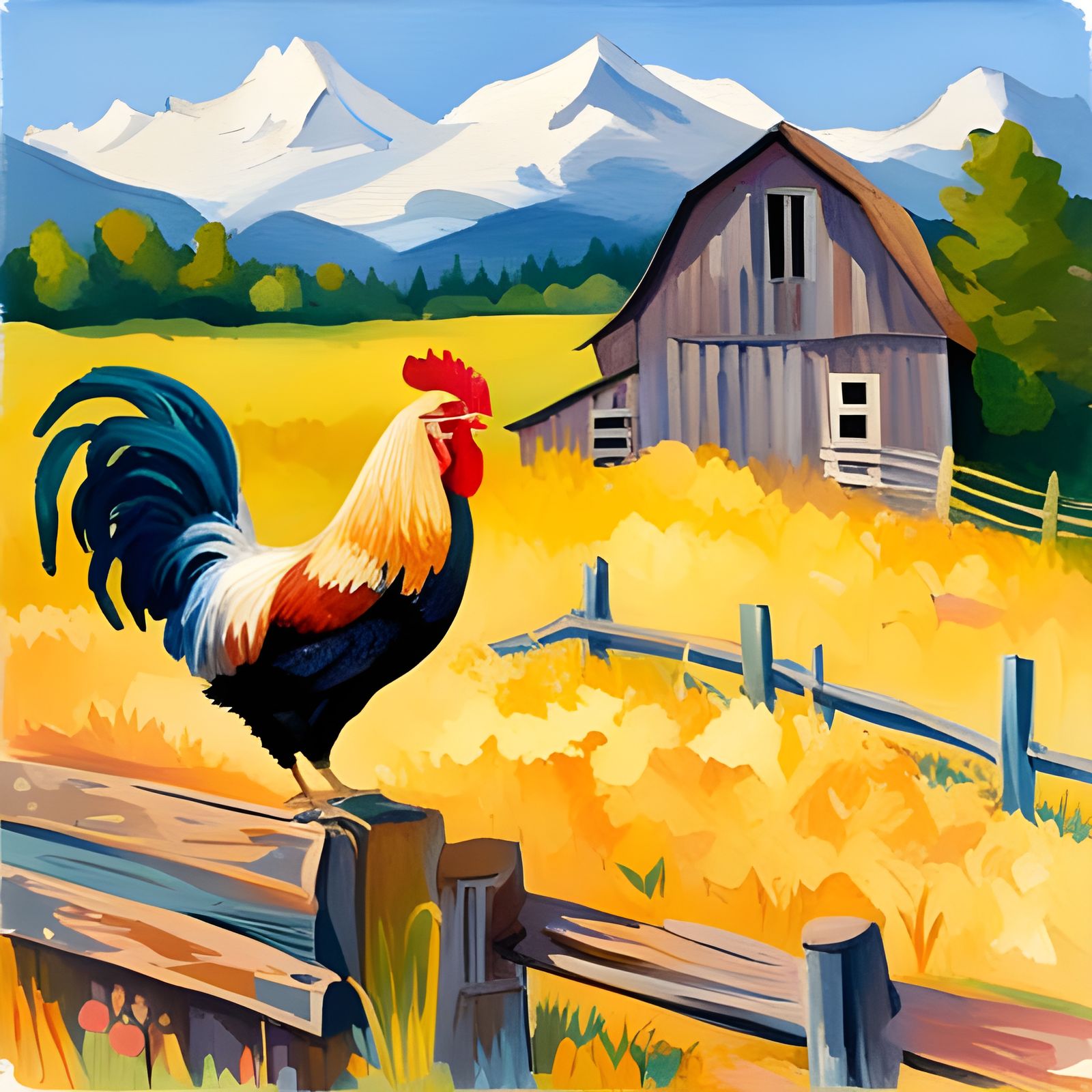 Rooster in Gouache Style on Picturesque Farm