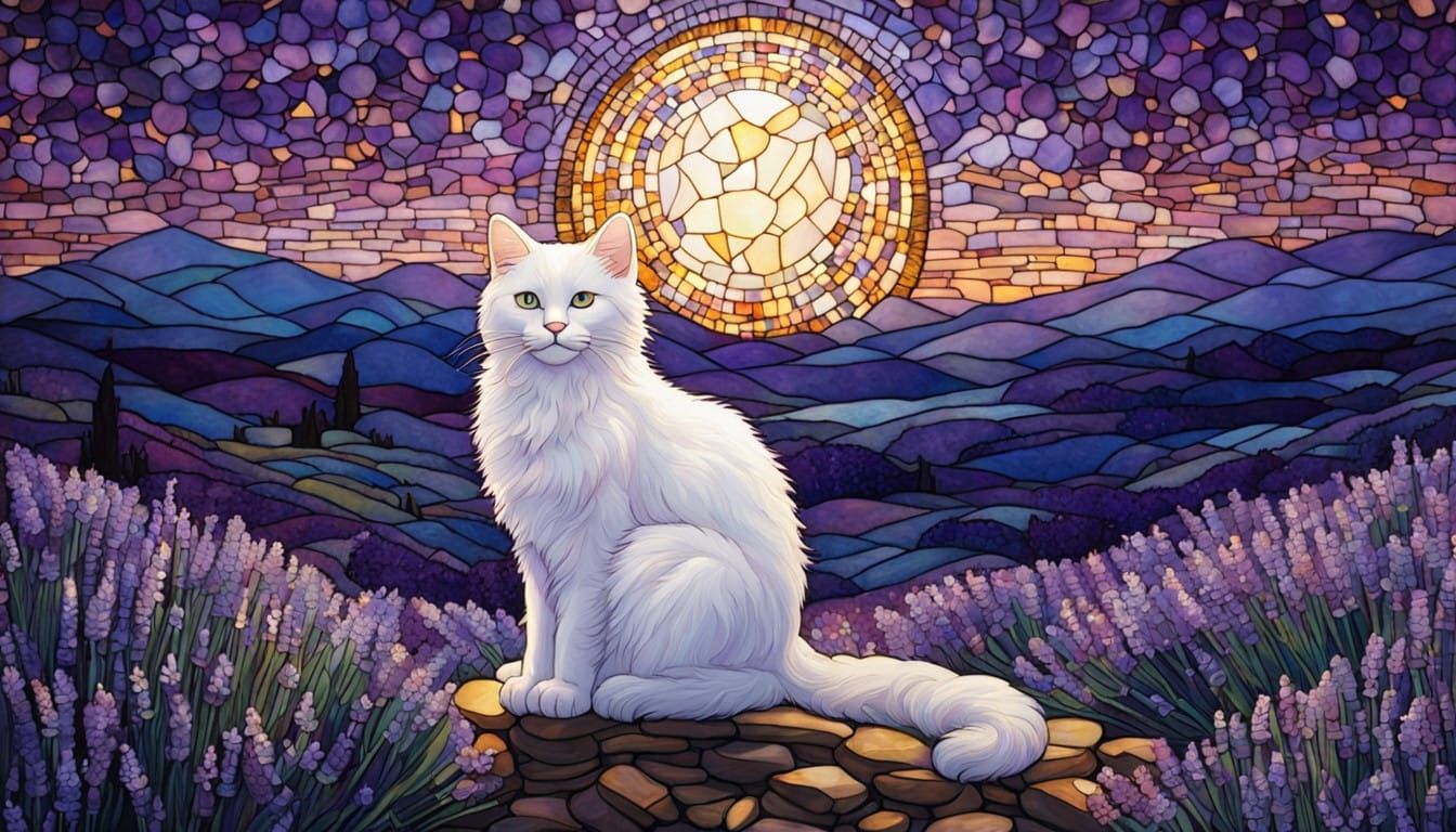 Lavender Dream: Elegant Cat Amidst Stained Glass Splendor