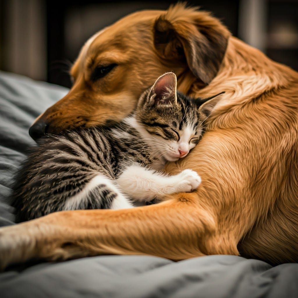 Kittens Cuddle Dog in Warm Evening Light