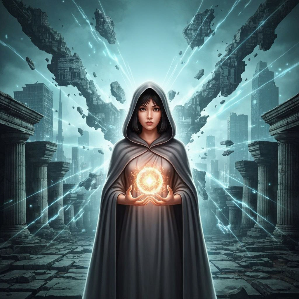 Mysterious Woman at Time Crossroads with Glowing Orb