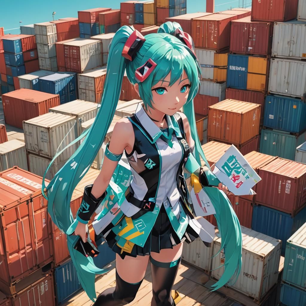 Miku Hatsune at the Docks: Vibrant Anime-Style Art