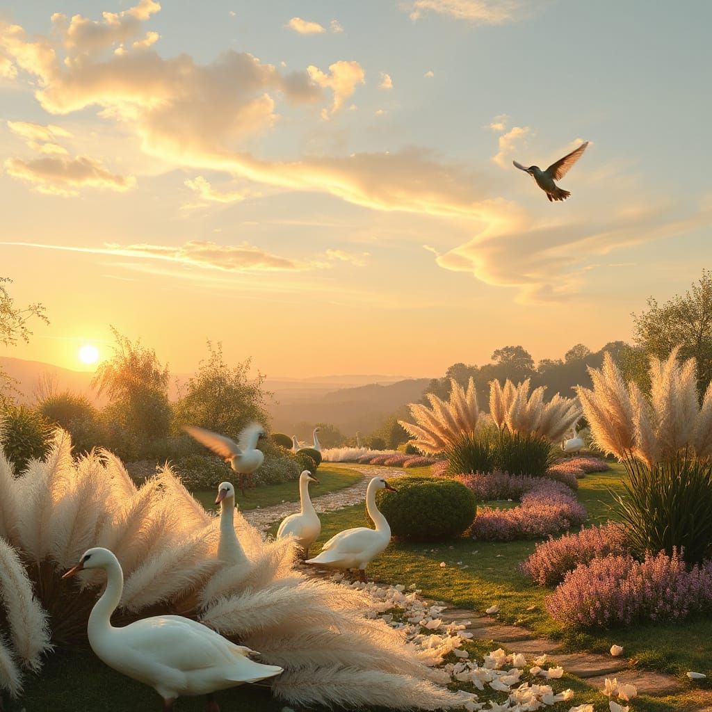 Feathered Fantasy Garden at Sunrise in Renaissance Style