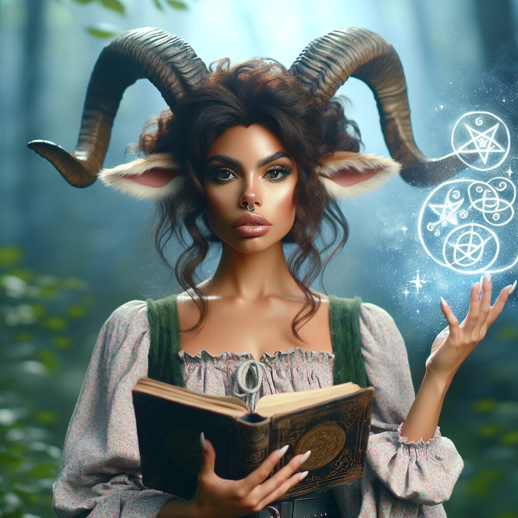 Faun Woman with Spell Book in Forest Grove