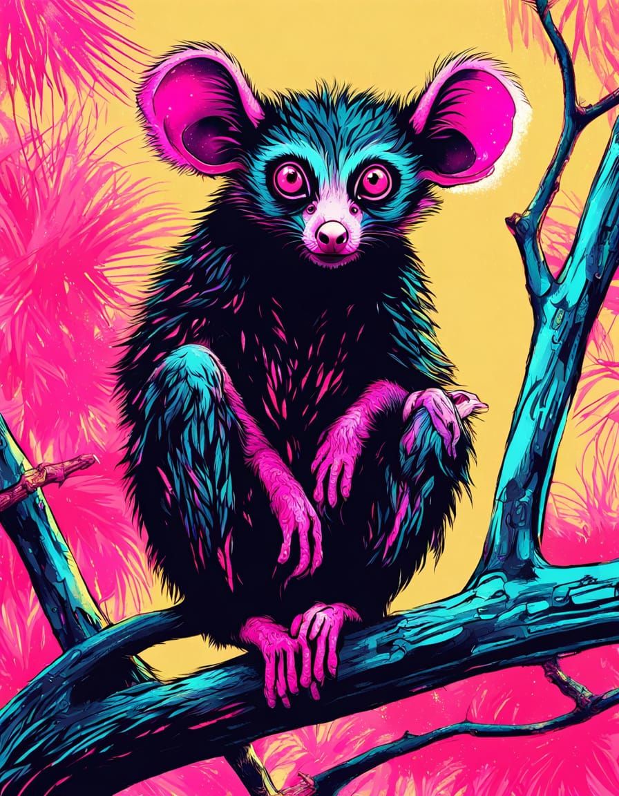 Aye-aye Portrait with Risograph Texture in Digital Art