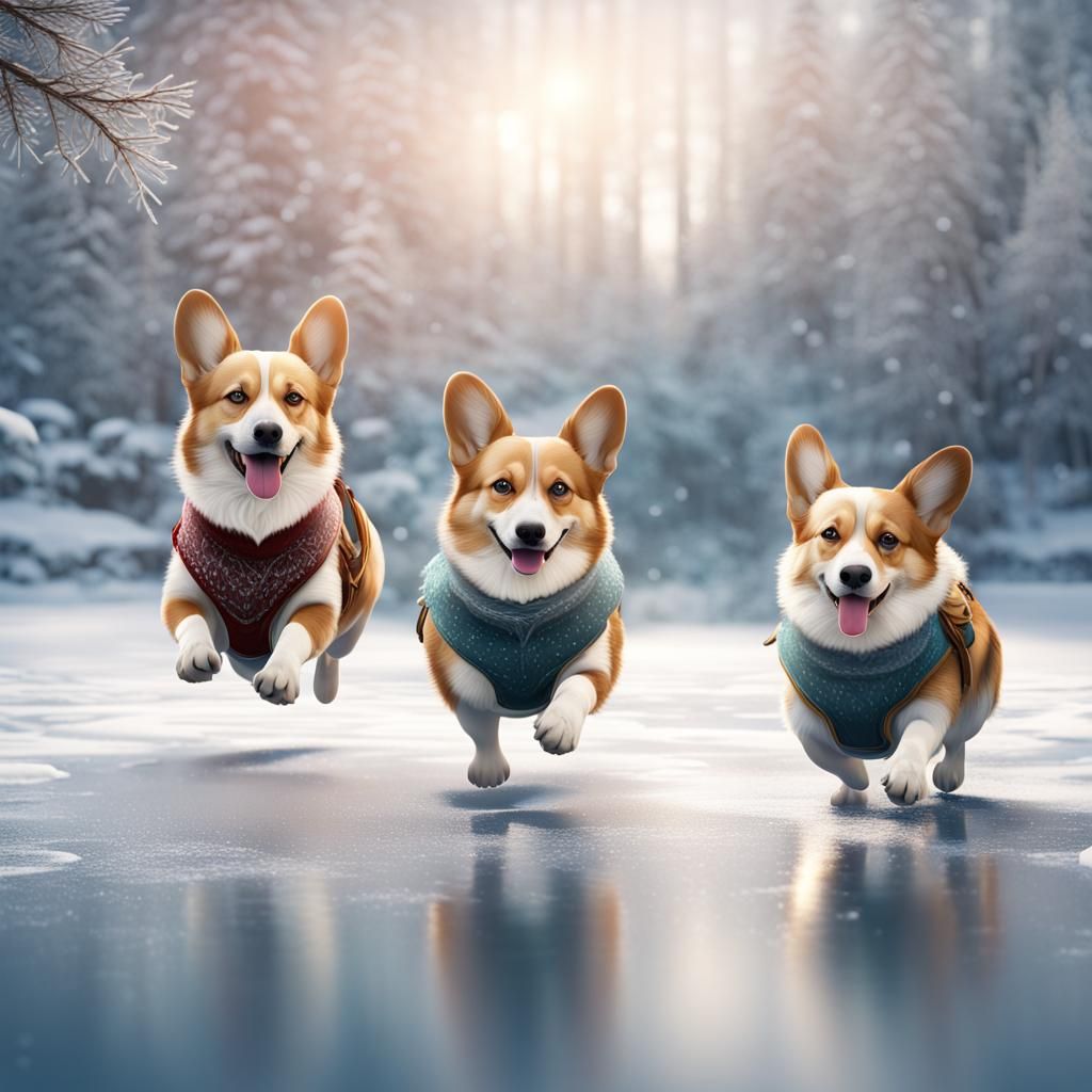 Corgis Ice Skating in a Winter Wonderland