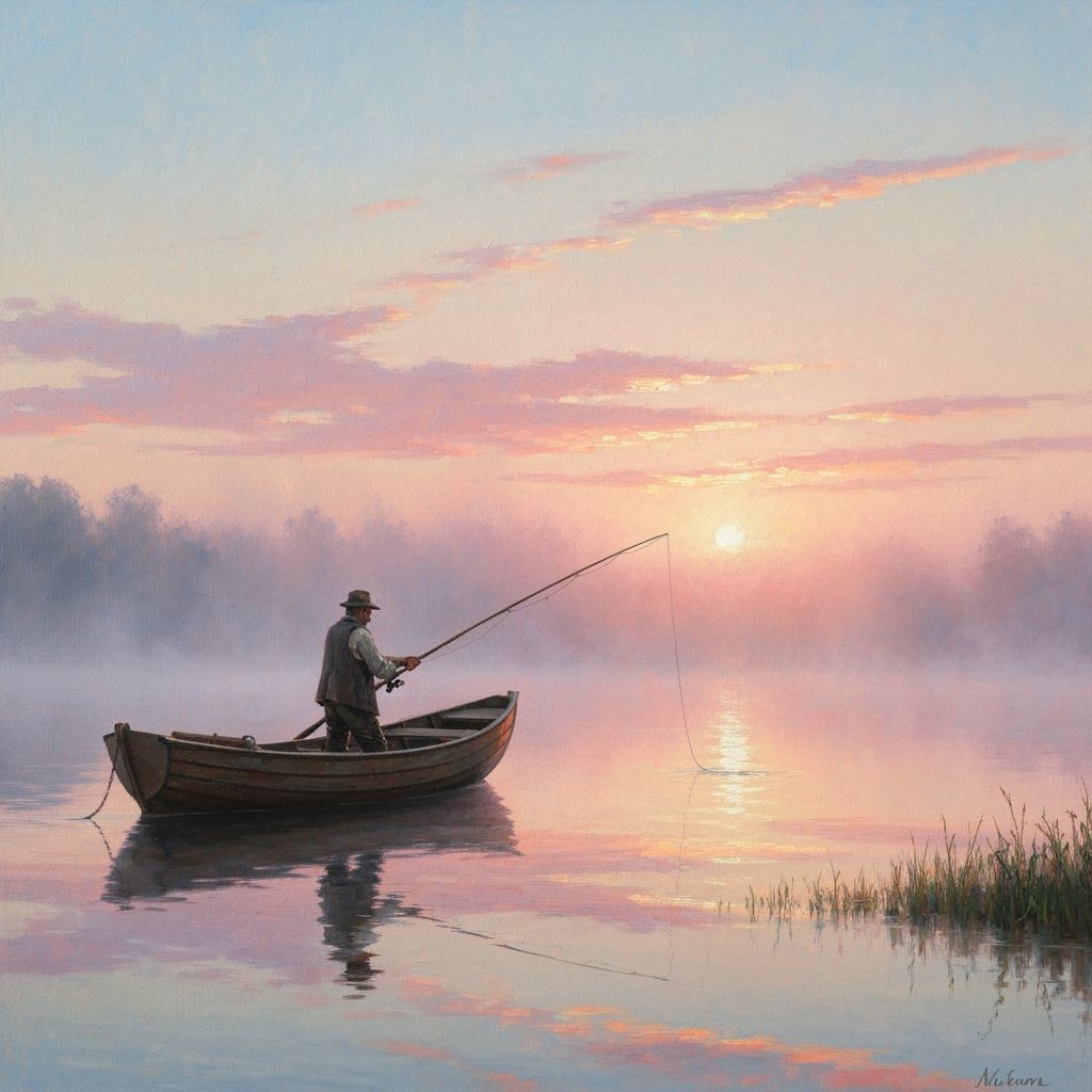 Lone Fisherman at Dawn on Calm Lake, Oil Painting Style