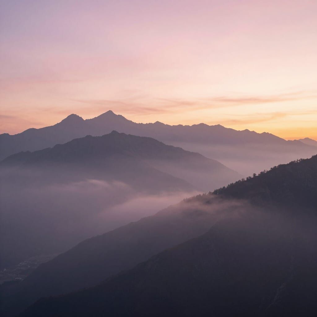 Misty Alpine Peaks at Dawn: Ethereal Glow and Majestic Solit...