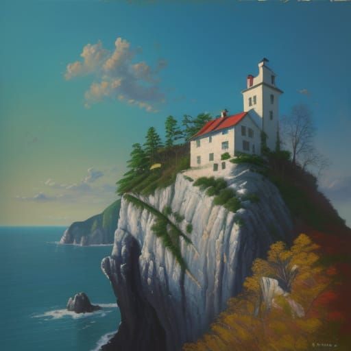 Neo-Impressionist House on Cliff Impasto Painting