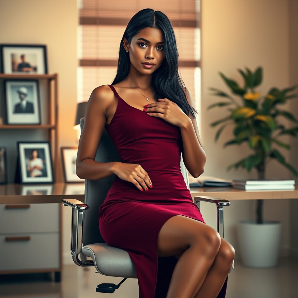 Elegant Latina Woman in Burgundy Dress