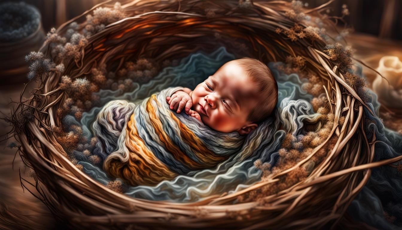 Happy Baby in Cozy Nest, Hyperrealistic Art