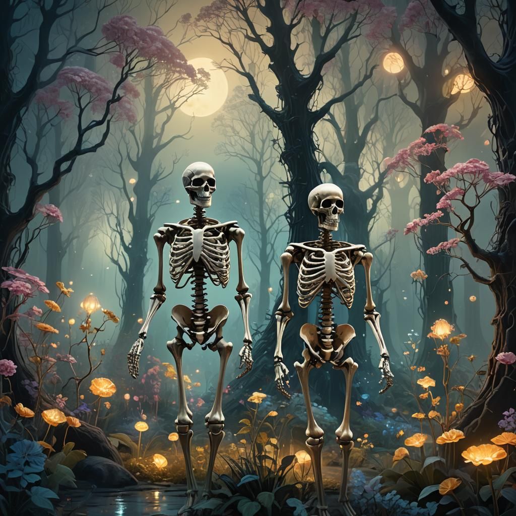 Ethereal Skeletons in Mystical Forest, Digital Matte Paintin...