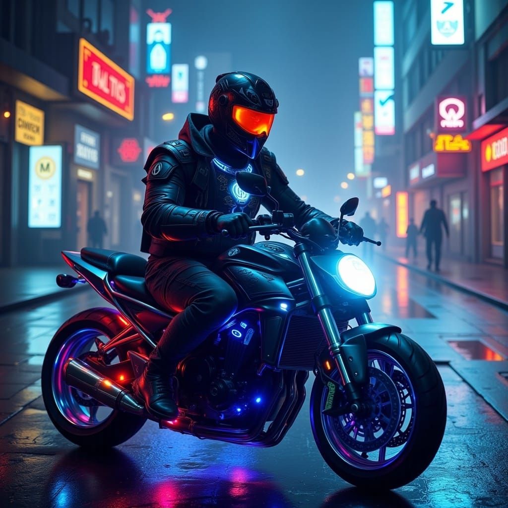 Cyberpunk Warrior on Motorcycle with Glowing Hieroglyphs