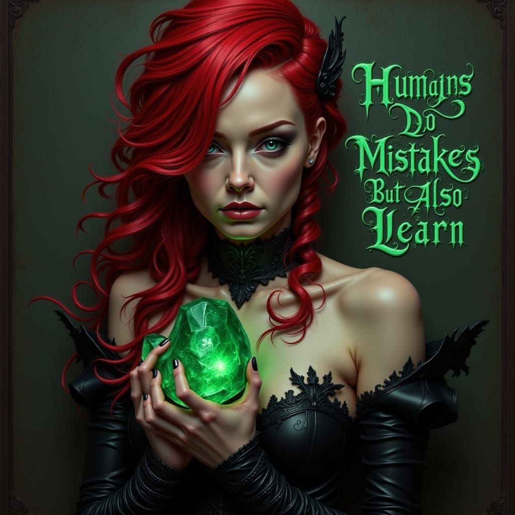 Gothic Woman Holds Fractured Emerald in Dark Fantasy Art