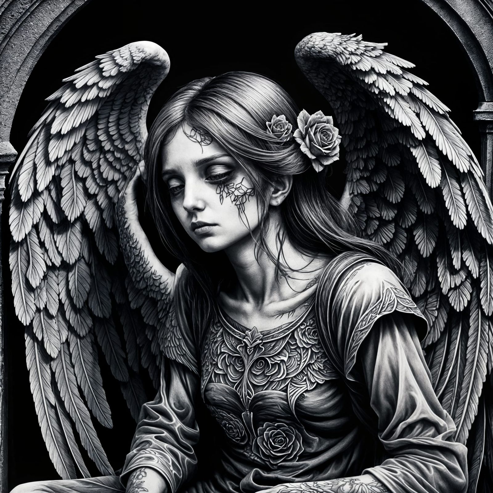 Sad Angel Tattoo Design in Black and White