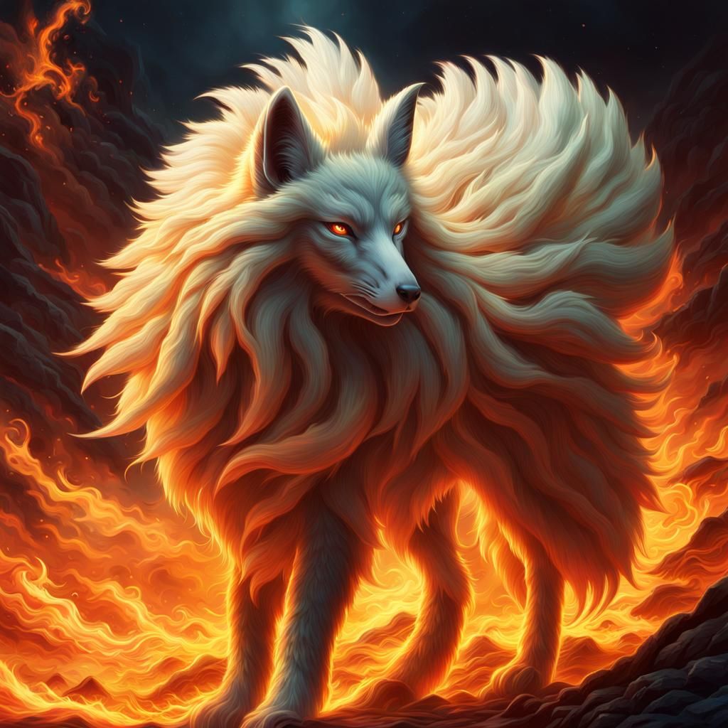 Majestic Fiery Nine-Tailed Fox: Digital Matte Painting
