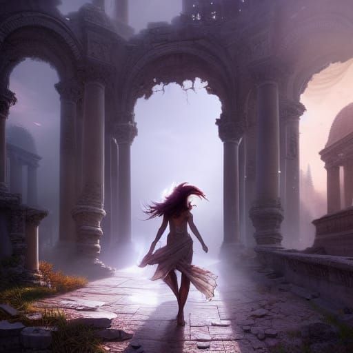 Fantasy Goddess Walks Among Ancient Ruins
