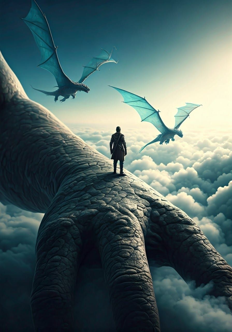 Miniature Man on Giant Arm, Flying Dragons in Foggy Skies, H...