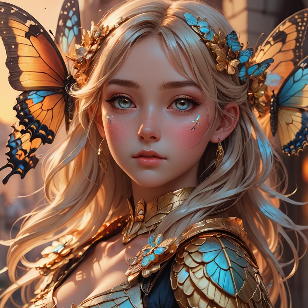 Cartoon Girl with Butterfly, Vibrant Digital Art