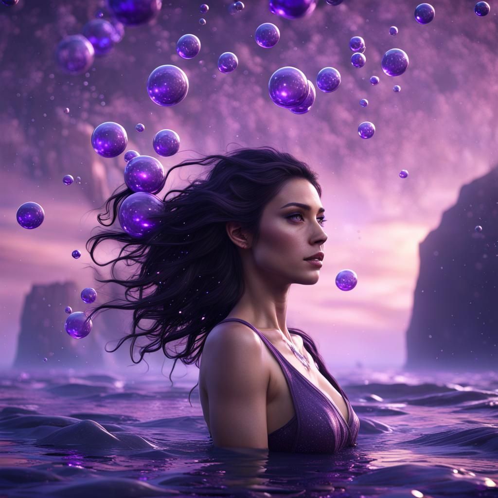 Underwater Woman with Stars and Bubbles