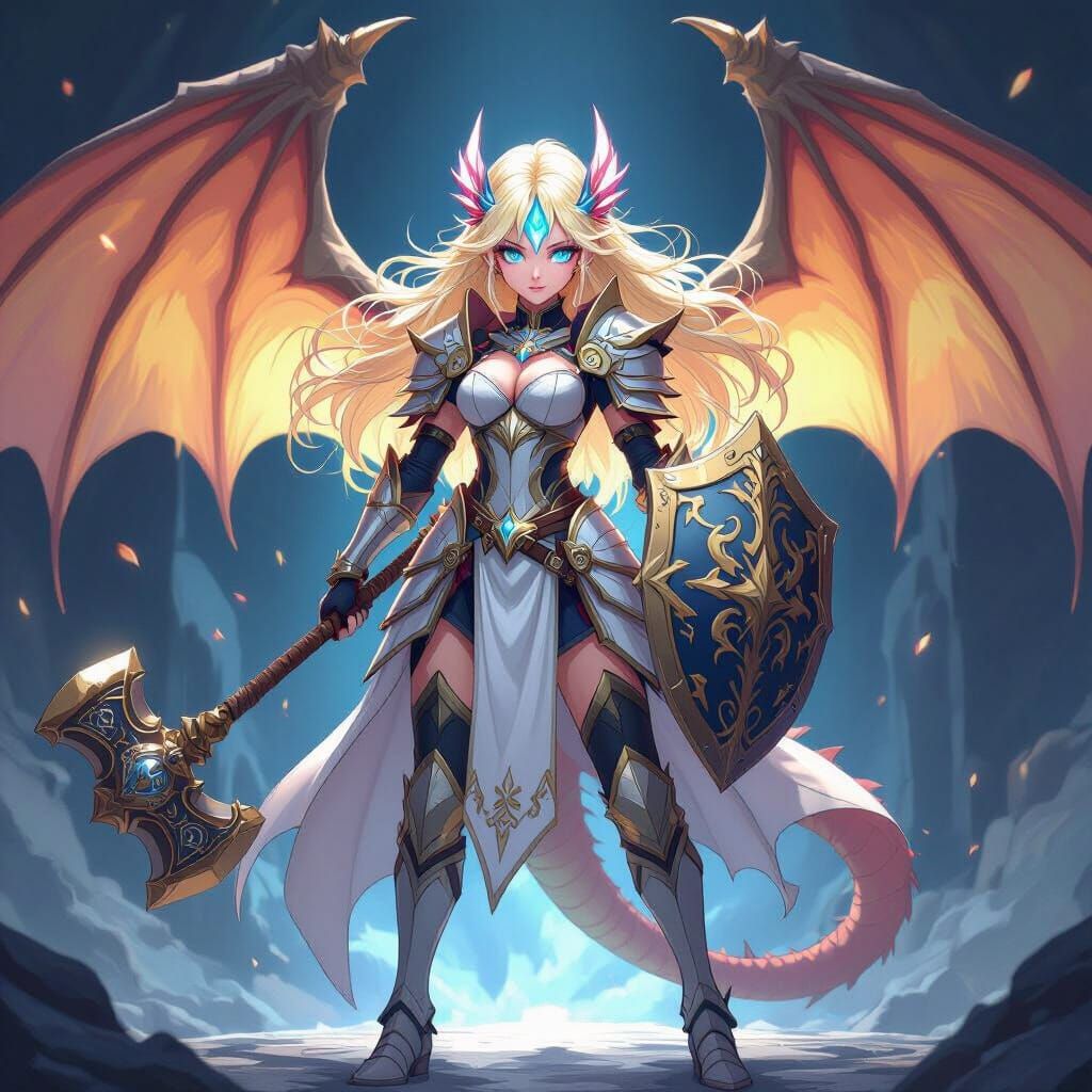 Dragon Girl Paladin with Hammer and Shield in Anime Style